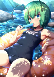 Rule 34 | 1girl, antennae, blue eyes, blue one-piece swimsuit, breasts, cameltoe, covered navel, eating, food, food in mouth, green hair, highres, hijikawa arashi, ice cream, innertube, name tag, one-piece swimsuit, outdoors, popsicle, school swimsuit, short hair, small breasts, solo, swim ring, swimsuit, touhou, water, wriggle nightbug