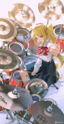 Rule 34 | 1girl, absurdres, ahoge, black skirt, blonde hair, bocchi the rock!, brown eyes, character name, drum, drum set, drumsticks, highres, holding, holding drumsticks, ijichi nijika, instrument, looking at viewer, music, neck ribbon, open mouth, outstretched arm, parted bangs, playing instrument, pleated skirt, red ribbon, ribbon, romaji text, school uniform, shimokitazawa high school uniform, shirt, sidelocks, sitting, skirt, solo, sweatdrop, weibo logo, weibo watermark, white shirt, z3zz4
