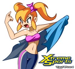Rule 34 | 1girl, bow, female focus, gates (xtreme sports), hair bow, matt bozon, midriff, navel, official art, orange hair, simple background, solo, strapless, tube top, twintails, wayforward, white background, wide hips, xtreme sports