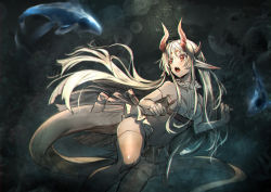 Rule 34 | 1girl, breasts, dragon tail, elbow gloves, fish, gloves, horns, lily (pixiv fantasia last saga), long hair, navel, open mouth, pixiv fantasia, pixiv fantasia last saga, pointy ears, red eyes, ryuuzaki ichi, sleeveless, small breasts, solo, standing, tail, thighhighs, underwater, very long hair, white hair