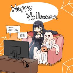 Rule 34 | 2girls, age difference, black hair, comic, couch, eating, eyebrows hidden by hair, hair between eyes, hair ornament, hairclip, halloween, headpat, long hair, looking at viewer, mitsu (tendou itsuki), multiple girls, open mouth, original, petting, pointy ears, red eyes, short hair, sitting, television, tentacle hair, tentacles, very long hair, watching television, white hair, witch, yuri
