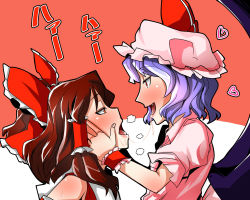 Rule 34 | 2girls, after kiss, bat wings, blush, bow, brown hair, detached sleeves, fang, hair bow, hair tubes, hakurei reimu, hand on another&#039;s cheek, hand on another&#039;s face, hands on another&#039;s face, hat, light purple hair, mob cap, multiple girls, open mouth, red eyes, remilia scarlet, saliva, saliva trail, sei (kaien kien), sweat, tongue, touhou, wings, yuri
