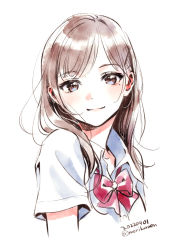 Rule 34 | 1girl, blue eyes, blush, bow, bowtie, brown hair, closed mouth, collared shirt, dress shirt, highres, long hair, looking at viewer, mole, mole under eye, morikura en, original, red bow, red bowtie, school uniform, shirt, short sleeves, simple background, smile, solo, white background, white shirt