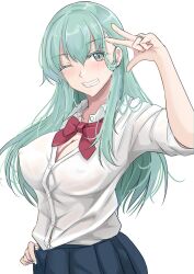 Rule 34 | 1girl, absurdres, alternate costume, blue skirt, bow, bowtie, breasts, cleavage, collared shirt, commentary request, dress shirt, green eyes, green hair, grin, highres, jewelry, kantai collection, ken (shutenndouji1), large breasts, long hair, open clothes, open shirt, red bow, red bowtie, ring, shirt, simple background, skirt, smile, solo, suzuya (kancolle), upper body, v, wedding ring, white background, white shirt