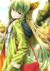 Rule 34 | 1girl, ahoge, animal ears, atalanta (fate), atalanta (traveling outfit) (fate), bag, blonde hair, blouse, blurry, blurry background, blush, breasts, casual, cat ears, cat tail, coat, commentary request, day, fate/apocrypha, fate (series), food, fruit, green coat, green eyes, green hair, green nails, hair between eyes, hand in pocket, handbag, head tilt, highres, holding, holding food, holding fruit, hood, hood down, hooded coat, long hair, looking at viewer, multicolored hair, nail polish, neck ribbon, outdoors, ribbon, shirt, sidelocks, solo, suien, tail, two-tone hair, very long hair, white shirt