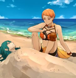 Rule 34 | 2girls, beach, bike shorts, bike shorts under shorts, bikini, black gloves, black shorts, blue eyes, blue hair, blue shorts, blue sky, bracelet, breasts, buried, byleth (female) (fire emblem), byleth (fire emblem), cleavage, closed mouth, clothes around waist, cloud, cloudy sky, day, expressionless, feet out of frame, fire emblem, fire emblem: three houses, fire emblem heroes, gloves, highres, jacket, jacket around waist, jewelry, knees up, leonie pinelli, long hair, looking at another, medium breasts, multiple girls, necklace, nintendo, ocean, official alternate costume, orange bikini, orange eyes, orange hair, outdoors, partially fingerless gloves, sand, shishima eichi, short hair, short shorts, shorts, sitting, sky, swimsuit
