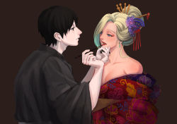 Rule 34 | 1boy, 1girl, absurdres, applying makeup, bare shoulders, black hair, blonde hair, breasts, cleavage, collarbone, earrings, eyeshadow, floral print, flower, hair flower, hair ornament, hairpin, highres, japanese clothes, jewelry, kimono, lipstick, makeup, naruto, naruto (series), no bra, off shoulder, open mouth, pale skin, sai (naruto), xmonday mintx, yamanaka ino