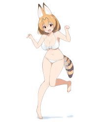 Rule 34 | 10s, 1girl, :d, animal ears, arm up, bad feet, bad hands, bare arms, bare legs, barefoot, bikini, blonde hair, blush, breasts, collarbone, feet, full body, highres, ichi-jirushi, kemono friends, large breasts, leg up, legs, looking at viewer, navel, open mouth, paw pose, ribbon, serval (kemono friends), serval tail, short hair, simple background, smile, solo, stomach, swimsuit, tail, underboob, white background, white bikini, yellow eyes