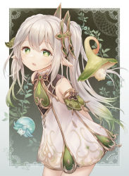 Rule 34 | 1girl, arms behind back, bare shoulders, blush, border, colored tips, cross-shaped pupils, detached sleeves, dress, fungi (genshin impact), genshin impact, gold trim, gradient hair, green eyes, green hair, green sleeves, hair ornament, highres, kazki444, leaf hair ornament, leaning forward, long hair, looking at viewer, multicolored hair, nahida (genshin impact), open mouth, outside border, pointy ears, side ponytail, sidelocks, sleeveless, sleeveless dress, solo, symbol-shaped pupils, twitter username, white dress, white hair