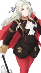 Rule 34 | 1girl, axe, cape, closed mouth, coat, curvy, edelgard von hresvelg, fire emblem, fire emblem: three houses, fire emblem heroes, gloves, highres, leggings, long hair, long sleeves, looking at viewer, looking up, nintendo, pantyhose, parted bangs, purple eyes, red cape, ribbon, smile, solo, tassel, thighs, transparent background, tridisart, walking, weapon, white hair