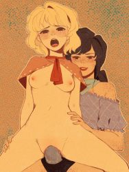 Rule 34 | 2girls, alternate skin color, bad id, bad pixiv id, bandana, black hair, blonde hair, blue bandana, blue shirt, blush, bottomless, breasts, capelet, dark-skinned female, dark skin, dildo, freckles, frilled shirt, frills, girl on top, hand on another&#039;s hip, kurokoma saki, linmiee, long hair, multiple girls, neck ribbon, nipples, niwatari kutaka, nose blush, object insertion, off-shoulder shirt, off shoulder, open mouth, ponytail, pussy, red background, red ribbon, reverse cowgirl position, ribbon, sex, sex from behind, sex toy, shirt, short hair, small breasts, straddling, strap-on, touhou, vaginal, vaginal object insertion, wily beast and weakest creature, yuri