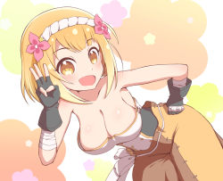 Rule 34 | 1girl, 4869 sbrk, bandaged arm, bandages, blonde hair, blush, breasts, cleavage, downblouse, endro!, fai fai, floral background, flower, gloves, hair flower, hair ornament, hairband, hand on own hip, hanging breasts, large breasts, leaning forward, looking at viewer, no bra, open mouth, short hair, smile, solo, standing, yellow eyes