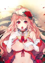 Rule 34 | 1girl, bare shoulders, blonde hair, breasts, cleavage cutout, clothing cutout, cum, elbow gloves, facial, gloves, heart, heart-shaped pupils, highres, large breasts, long hair, looking at viewer, open mouth, original, red eyes, solo, symbol-shaped pupils, tongue, tongue out, ukyo rst, white gloves