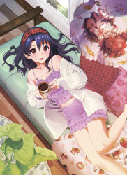 Rule 34 | 1girl, absurdres, bare legs, bloomers, blue hair, blurry, breasts, camisole, cardigan, cleavage, coffee mug, collarbone, cup, dark blue hair, depth of field, feet out of frame, from above, hair spread out, highres, holding, holding cup, idolmaster, idolmaster million live!, indoors, looking at viewer, lying, medium breasts, midriff, mug, navel, omitsu, on side, purple bloomers, purple camisole, red eyes, smile, solo, takayama sayoko, white cardigan, wooden floor