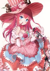 Rule 34 | 1girl, blue eyes, closed mouth, detached sleeves, dress, dress flower, elizabeth bathory (fate), elizabeth bathory (fate/extra ccc), elizabeth bathory (third ascension) (fate), emyo, fate/extra, fate/extra ccc, fate (series), flower, hair between eyes, hands up, hat, hat flower, holding, holding microphone, long hair, long sleeves, microphone, microphone stand, pink dress, pink flower, pink hair, pink hat, pink rose, pointy ears, rose, sleeveless, sleeveless dress, smile, solo, striped clothes, striped dress, striped headwear, stuffed animal, stuffed pig, stuffed squirrel, stuffed toy, top hat, vertical-striped clothes, vertical-striped dress, vertical-striped headwear, very long hair