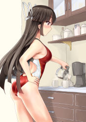 Rule 34 | 10s, 1girl, ass, bare shoulders, black hair, blush, breasts, coffee maker, competition swimsuit, cowboy shot, cup, cupboard, drawer, from side, hair ribbon, hand on own hip, highres, hime cut, hiyou (kancolle), kantai collection, long hair, medium breasts, minase (takaoka nanase), mug, one-piece swimsuit, profile, red eyes, red one-piece swimsuit, ribbon, sideboob, solo, standing, swimsuit, thighs, wedgie, white ribbon