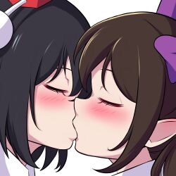 Rule 34 | 2girls, alpha transparency, black hair, bmkro, bow, brown hair, closed eyes, commentary request, commission, hair bow, hat, himekaidou hatate, kiss, lowres, multiple girls, pointy ears, purple bow, shameimaru aya, spanish commentary, tokin hat, touhou, transparent background, yuri