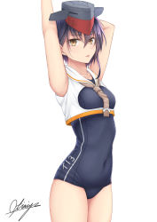 Rule 34 | 1girl, absurdres, arms up, asymmetrical hair, black hair, black one-piece swimsuit, brown eyes, character name, covered navel, cowboy shot, crop top, framed breasts, gloves, hair between eyes, hat, headphones, highres, i-13 (kancolle), kantai collection, looking at viewer, ochiai miyabi, one-piece swimsuit, partially fingerless gloves, school swimsuit, short hair, signature, simple background, solo, swimsuit, white background
