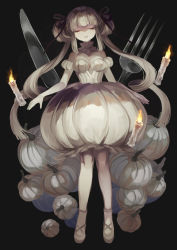Rule 34 | 1girl, bad id, bad pixiv id, bare shoulders, black background, black ribbon, blunt bangs, breasts, candle, closed eyes, detached collar, dress, elbow gloves, fire, fork, full body, gloves, hair ribbon, halloween, head tilt, jack-o&#039;-lantern, knife, long hair, medium breasts, natsuiro xx, original, parted lips, puffy dress, ribbon, simple background, solo, standing, twintails, very long hair, white dress, white footwear, white gloves, white hair