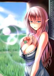 Rule 34 | 1girl, blue eyes, blush, breasts, calendar (object), cleavage, collarbone, day, dress, elf, covered erect nipples, from side, kuurunaitsu, large breasts, long hair, looking at viewer, looking to the side, no bra, original, parted lips, pointy ears, pulling own clothes, purple hair, rice paddy, smile, solo, strap pull, sundress, sunlight, sweat, upper body, white dress