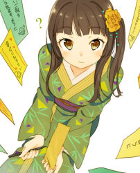 Rule 34 | 1girl, ?, blunt bangs, blush, breasts, brown eyes, brown hair, flower, from above, hair flower, hair ornament, japanese clothes, kimono, looking at viewer, marker, obi, original, sash, sidelocks, solo, tanabata, tanzaku, white background, zpolice