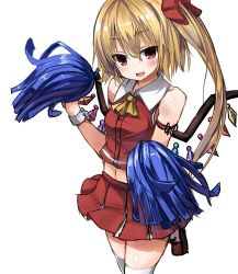 Rule 34 | 1girl, adapted costume, alternate costume, blonde hair, bow, cheerleader, crystal, flandre scarlet, greatmosu, hair bow, hair ornament, image sample, looking at viewer, md5 mismatch, midriff, navel, no headwear, open mouth, pom pom (cheerleading), ponytail, red eyes, resized, shirt, short hair, side ponytail, simple background, skirt, skirt set, sleeveless, smile, solo, thighhighs, touhou, white background, white thighhighs, wings, wrist cuffs, zettai ryouiki