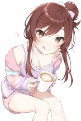 Rule 34 | 1girl, :q, bare legs, blush, breasts, cleavage, coffee, coffee mug, collarbone, cup, feet out of frame, foam, hair bun, hayashi kewi, heart, heart print, highres, holding, holding cup, idolmaster, idolmaster shiny colors, invisible chair, jacket, latte art, looking at viewer, mug, multicolored clothes, multicolored jacket, osaki amana, purple tank top, red eyes, shorts, side bun, simple background, single hair bun, single side bun, sitting, solo, strap slip, tank top, tongue, tongue out, white background