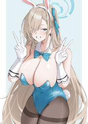 1girl absurdres animal_ears asuna_(blue_archive) asuna_(bunny)_(blue_archive) black_pantyhose blue_archive blue_bow blue_bowtie blue_eyes blue_halo blue_leotard blue_ribbon blush bow bowtie breasts brown_hair cleavage commentary_request covered_navel detached_collar double_v elbow_gloves fake_animal_ears fake_tail gloves hair_over_one_eye hair_ribbon halo highres large_breasts leotard long_hair looking_at_viewer mole mole_on_breast pantyhose rabbit_ears rabbit_tail ref_(pmxt4483) ribbon skindentation smile solo strapless strapless_leotard tail v very_long_hair white_gloves