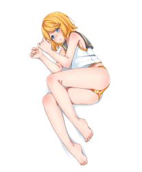 Rule 34 | 1girl, barefoot, blonde hair, blue eyes, blush, breasts, cameltoe, fetal position, full body, grey sailor collar, hair ornament, highres, inu8neko, kagamine rin, lying, nail polish, on side, panties, parted lips, sailor collar, shirt, short hair, sideboob, simple background, sleeveless, sleeveless shirt, small breasts, solo, striped clothes, striped panties, swept bangs, underwear, vocaloid, white background, white shirt, yellow panties