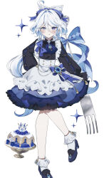 Rule 34 | &quot;pour la justice&quot; (genshin impact), 1girl, :q, absurdres, ahoge, apron, ascot, black dress, blue ascot, blue bow, blue dress, blue eyes, blue footwear, blue gemstone, blue hair, blue ribbon, blush, bow, cake, cake stand, chain, closed mouth, commentary, dress, drop-shaped pupils, eyelashes, food, fork, frilled apron, frilled dress, frilled sleeves, frills, furina (genshin impact), gem, genshin impact, hair between eyes, hair intakes, hair ribbon, hand on own hip, heterochromia, high heels, highres, holding, holding fork, layered dress, leg up, licking lips, long hair, long sleeves, looking at viewer, mismatched pupils, multicolored hair, oversized object, parted bangs, puffy long sleeves, puffy sleeves, ribbon, shoes, sidelocks, smile, socks, solo, sorani (kaeru0768), sparkle, streaked hair, swept bangs, symbol-shaped pupils, tassel, tongue, tongue out, white apron, white hair, white socks