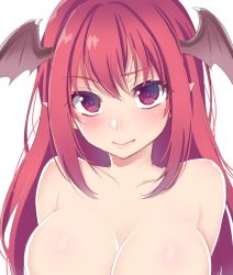 Rule 34 | 1girl, asa (coco), blush, breasts, cleavage, collarbone, eyebrows, fang, fang out, head wings, koakuma, large breasts, long hair, looking at viewer, nude, out-of-frame censoring, pointy ears, red eyes, red hair, sidelocks, simple background, solo, touhou, upper body, white background, wings