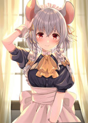 Rule 34 | 1girl, animal ears, apron, arm up, backlighting, black dress, blush, bow, bowtie, braid, brown bow, brown ribbon, closed mouth, commentary request, curtains, day, dress, frilled apron, frills, grey hair, hair between eyes, hair bow, hair ribbon, hand on own ear, highres, indoors, izayoi sakuya, kemonomimi mode, long hair, looking at viewer, maid, maid apron, maid headdress, mouse ears, puffy short sleeves, puffy sleeves, red eyes, ribbon, short hair, short sleeves, smile, solo, sunlight, touhou, transparent, twin braids, waist apron, white apron, window, wrist cuffs, yellow bow, yellow bowtie, yellow ribbon, yuuka nonoko