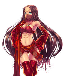 Rule 34 | 1girl, armlet, bare shoulders, breasts, collarbone, dancer, detached sleeves, ere ere, facial mark, forehead mark, green eyes, hands on own hips, highres, jewelry, long hair, looking at viewer, medium breasts, midriff, mouth veil, navel, necklace, official art, reason (ficafe), red thighhighs, soccer spirits, solo, standing, thigh gap, thighhighs, veil, very long hair, white background