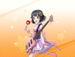Rule 34 | bang dream!, bass guitar, black hair, blush, candy apple, food, guitar, instrument, japanese clothes, kimono, red eyes, short hair, smile, ushigome rimi, yukata
