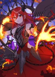Rule 34 | 1girl, armor, bare shoulders, breastplate, chain, dress, duel monster, flaming arm, hand up, highres, horns, pinyata (pinyaland), promethean princess bestower of flames, red dress, red eyes, red hair, solo, yu-gi-oh!