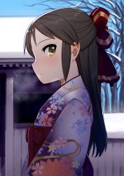 Rule 34 | 10s, 1girl, bare tree, black hair, blush, bow, breath, brown eyes, commentary request, day, hair bow, half updo, idolmaster, idolmaster cinderella girls, japanese clothes, kimono, long hair, looking to the side, outdoors, pettan p, profile, sideways mouth, snow, solo, tachibana arisu, tree, winter