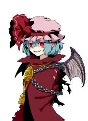 Rule 34 | 1girl, alternate costume, bad id, bad nicoseiga id, bat wings, blue hair, chain, cosplay, curse maker, curse maker (cosplay), etrian odyssey, female focus, hat, hat ribbon, red eyes, remilia scarlet, ribbon, short hair, simple background, smile, solo, torn clothes, touhou, white background, wings, yoshiharu (ryoji)