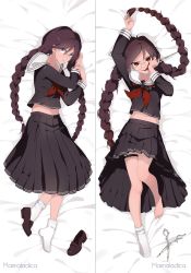 Rule 34 | 1girl, artist name, bed sheet, black shirt, black skirt, blood, blouse, braid, brown eyes, brown footwear, brown hair, closed mouth, commentary, commission, dakimakura (medium), danganronpa: trigger happy havoc, danganronpa (series), from above, fukawa toko, full body, glasses, hair between eyes, highres, holding, holding scissors, leg belt, licking, loafers, long hair, long sleeves, looking at viewer, lying, marmaladica, midriff, mole, mole under mouth, multiple views, navel, neckerchief, on back, on side, pleated skirt, red eyes, red neckerchief, round eyewear, sailor collar, school uniform, scissors, serafuku, shirt, shoes, single shoe, single sock, skirt, socks, tongue, tongue out, twin braids, twintails, very long hair, white sailor collar, white socks