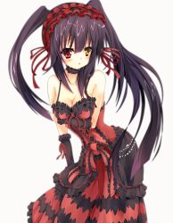 Rule 34 | 10s, 1girl, bare shoulders, black hair, blush, breasts, choker, cleavage, clock eyes, collarbone, date a live, dress, hairband, heterochromia, highres, leaning forward, lolita fashion, lolita hairband, long hair, looking at viewer, natuki rik, red eyes, ribbon, simple background, solo, symbol-shaped pupils, tokisaki kurumi, twintails, very long hair, white background, yellow eyes