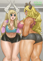 Rule 34 | 2girls, abs, artist name, ass, blonde hair, blue eyes, boku no hero academia, breasts, broken horn, cleavage, collarbone, curvy, freckles, hand on own hip, highres, horns, huge ass, large breasts, long hair, looking at another, multiple girls, muscular, muscular female, navel, open mouth, original, short shorts, shorts, shosho oekaki, sports bra, stomach, sweat, tan, thick thighs, thighs, towel, tsunotori pony, ushi walker (mha quest), wide hips, workout clothes