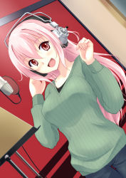 Rule 34 | 1girl, blush, casual, dutch angle, fingernails, green shirt, headphones, highres, long hair, looking at viewer, microphone, nitroplus, open mouth, pink eyes, pink hair, regdic, ribbed sweater, shirt, smile, solo, super sonico, sweater