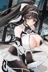 Rule 34 | 1girl, absurdres, azur lane, bare shoulders, bow, breasts, cleavage, cleavage cutout, clothing cutout, crack, cracked glass, detached sleeves, hair bow, highres, holding, holding sheath, katana, large breasts, long hair, miniskirt, official alternate costume, pleated skirt, ponytail, ribbon, sheath, skirt, sword, takao (azur lane), takao (divine exorcist&#039;s blade) (azur lane), very long hair, weapon, white ribbon, yamaha tsui, yellow eyes