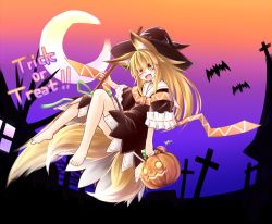 Rule 34 | 1girl, :d, absurdres, animal ears, barefoot, bat (animal), blonde hair, broom, candy, crescent moon, cross, dusk, fang, floating, fox ears, fox tail, halloween, halloween costume, hat, highres, jack-o&#039;-lantern, lollipop, long hair, moon, multiple tails, night, open mouth, original, red eyes, senbon, smile, tail, trick or treat, two tails, witch, witch hat
