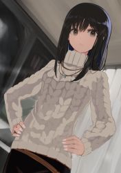 Rule 34 | 1girl, aran sweater, black hair, black skirt, blush, breasts, brown eyes, cable knit, commentary request, dutch angle, hair between eyes, hands on own hips, highres, hinomaru (futagun), indoors, long hair, long sleeves, looking at viewer, open mouth, original, skirt, sleeves past wrists, small breasts, solo, sweater, turtleneck, turtleneck sweater, white sweater, window