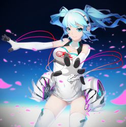 Rule 34 | &gt;:), 1girl, bare shoulders, blue eyes, blue hair, breasts, cleavage, cowboy shot, elbow gloves, ello, gloves, hatsune miku, headphones, highres, long hair, looking at viewer, matching hair/eyes, medium breasts, petals, racing miku, smile, solo, thighhighs, twintails, v-shaped eyebrows, vocaloid, white gloves, white thighhighs, wind
