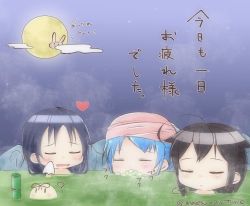 Rule 34 | 1other, 3girls, ?, ahoge, artist name, bamboo, blue hair, blush, brown hair, chibi, closed eyes, commentary request, hair flaps, hair ribbon, heart, holding, holding towel, kantai collection, mae (maesanpicture), moon, multiple girls, night, night sky, onsen, outdoors, rabbit, remodel (kantai collection), ribbon, samidare (kancolle), shigure (kancolle), sidelocks, sky, suzukaze (kancolle), swept bangs, the yuudachi-like creature, towel, towel on head, translation request, water