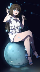 Rule 34 | 1girl, aries (constellation), blue eyes, bow, brown hair, cancer (constellation), collarbone, commentary request, constellation, dark background, dress, hair ribbon, half updo, high heels, highres, holding, holding microphone, laofuzi dai bansho, light particles, long hair, looking at viewer, love live!, love live! nijigasaki high school idol club, mercury (planet), microphone, osaka shizuku, pisces (constellation), ribbon, sandals, sitting, smile, solo, toes