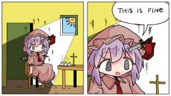 Rule 34 | 1girl, 2koma, arms at sides, ascot, bat wings, chair, chibi, closed mouth, collared shirt, comic, commentary, cross, day, english text, frilled skirt, frills, garlic, gunshow (comic), hat, hat ribbon, highres, indoors, kasuya baian, light purple hair, meme, mob cap, object through head, on chair, open mouth, parody, pink shirt, pink skirt, puffy short sleeves, puffy sleeves, red ascot, red ribbon, remilia scarlet, ribbon, shirt, short hair, short sleeves, sitting, skirt, skirt set, smile, smoke, speech bubble, sun, sword in head, table, this is fine (meme), touhou, vampire, window, wings