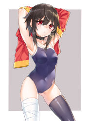 Rule 34 | 1girl, :&lt;, armpits, arms behind head, bandaged leg, bandages, black collar, black hair, black thighhighs, blue one-piece swimsuit, breasts, clothes pull, collar, collarbone, covered navel, dress, dress pull, ginklaga, gluteal fold, grey background, groin tendon, highres, kono subarashii sekai ni shukufuku wo!, looking at viewer, megumin, navel, one-piece swimsuit, red eyes, short hair with long locks, sidelocks, simple background, single thighhigh, small breasts, solo, swimsuit, thighhighs