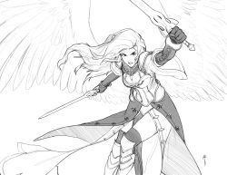 Rule 34 | 1girl, absurdres, angel, angel wings, armor, corset, dual wielding, feathered wings, flying, gloves, greyscale, highres, holding, leg armor, less, long hair, looking at viewer, monochrome, ornate armor, simple background, solo, sword, thighhighs, weapon, white background, wings